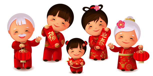 快乐的中国家庭庆祝农历新年。春节。中国卷轴上的符号意味着财富和迎接春天图片 快乐的中国家庭庆祝农历新年。春节。中国卷轴上的符号意味着财富和迎接春天图片下载