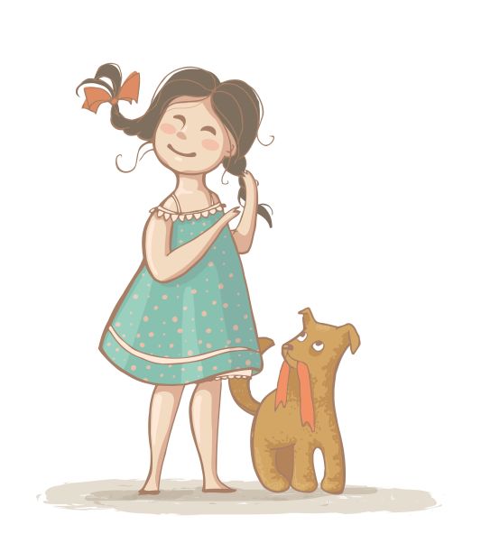 女孩给他编辫子,坐在她的狗旁边。孤立的矢量插图在手绘风格图片 女孩给他编辫子,坐在她的狗旁边。孤立的矢量插图在手绘风格图片下载
