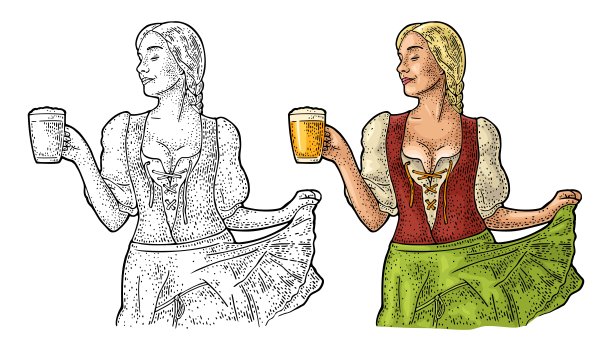年轻性感的啤酒节女人拿着啤酒杯。古董向量雕刻图片 年轻性感的啤酒节女人拿着啤酒杯。古董向量雕刻图片下载