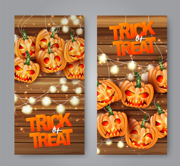 万圣节的trick or treat传单设置了南瓜可怕的面孔和灯光花环在木板的背景。矢量插图。图片 万圣节的trick or treat传单设置了南瓜可怕的面孔和灯光花环在木板的背景。矢量插图。图片下载