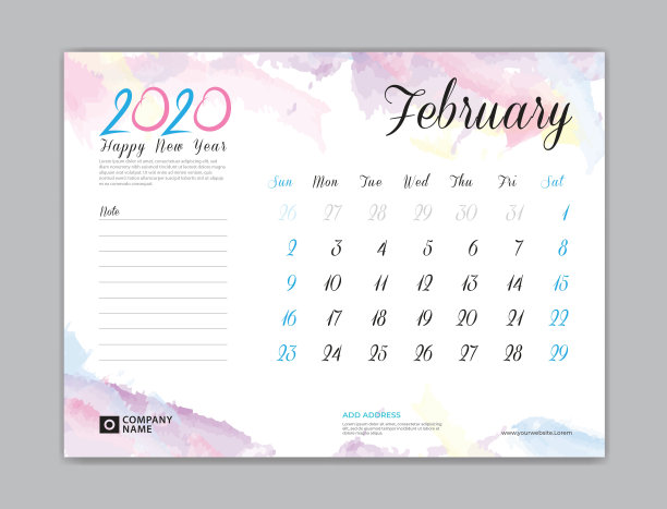 2020年的台历,2020年2月,每周从周日开始,计划设计,文具,商业印刷,水彩背景,矢量eps10, 8 x 6英寸大小图片 2020年的台历,2020年2月,每周从周日开始,计划设计,文具,商业印刷,水彩背景,矢量eps10, 8 x 6英寸大小图片下载