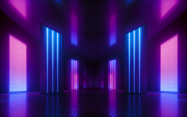 3d渲染,蓝粉紫霓虹抽象背景,紫外光,夜店空房室内,隧道或走廊,发光面板,时尚领奖台,表演舞台装饰,图片 3d渲染,蓝粉紫霓虹抽象背景,紫外光,夜店空房室内,隧道或走廊,发光面板,时尚领奖台,表演舞台装饰,图片下载
