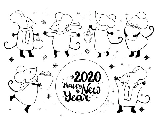 一套可爱的卡通鼠标在向量。中国标志2020年新年。新年快乐。以圣诞和新年为主题的设计插图。手绘黑白线。涂鸦图片 一套可爱的卡通鼠标在向量。中国标志2020年新年。新年快乐。以圣诞和新年为主题的设计插图。手绘黑白线。涂鸦图片下载