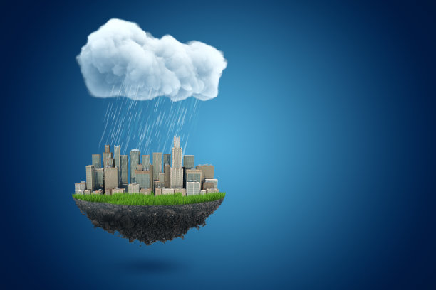 地块的3d渲染,上面有现代城市,在蓝色背景下悬浮在大雨云下的空中,有复制空间。图片 地块的3d渲染,上面有现代城市,在蓝色背景下悬浮在大雨云下的空中,有复制空间。图片下载