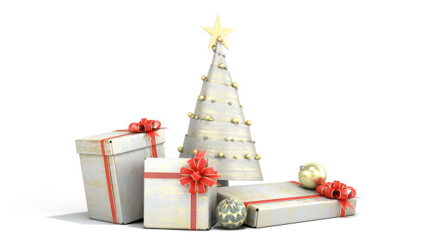 新年装饰圣诞树和新年礼盒3d渲染在白色图片 新年装饰圣诞树和新年礼盒3d渲染在白色图片下载