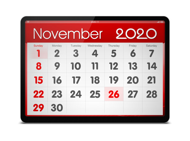 (剪辑路径)2020年11月日历上的数字平板电脑隔离图片 (剪辑路径)2020年11月日历上的数字平板电脑隔离图片下载