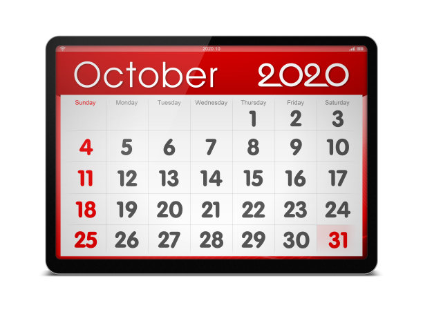 (剪辑路径)2020年10月数字平板电脑孤立日历图片 (剪辑路径)2020年10月数字平板电脑孤立日历图片下载