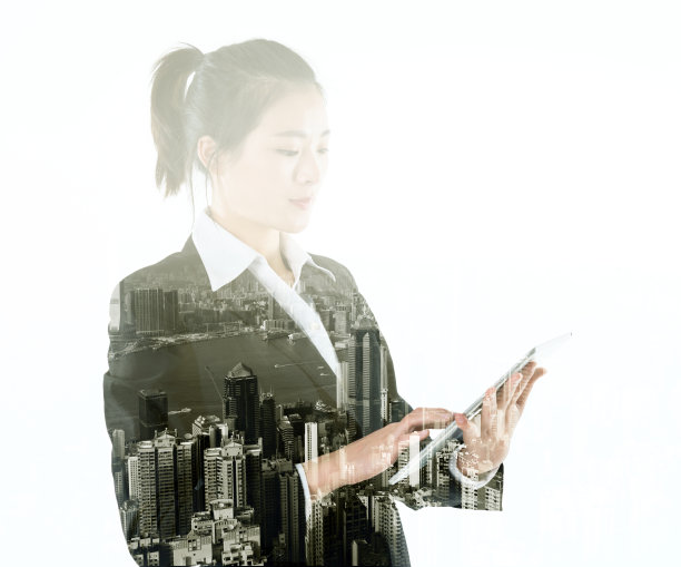多次曝光女商人使用平板电脑图片 多次曝光女商人使用平板电脑图片下载