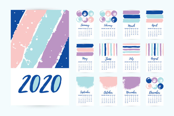 矢量手绘日历2020。一套12个月。创意多彩的设计模板与凌乱的油墨垃圾纹理。一周周日图片 矢量手绘日历2020。一套12个月。创意多彩的设计模板与凌乱的油墨垃圾纹理。一周周日图片下载