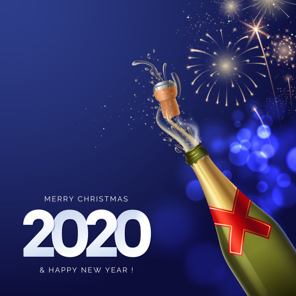 2020年新年贺卡设计。烟花背景下的香槟。新年的庆祝活动。深蓝色背景与散景效果。矢量图图片 2020年新年贺卡设计。烟花背景下的香槟。新年的庆祝活动。深蓝色背景与散景效果。矢量图图片下载