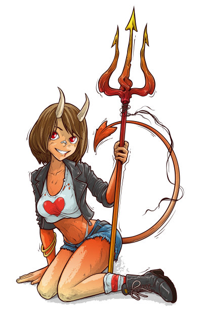 卡通性感魔鬼女孩与角和三叉戟图片 卡通性感魔鬼女孩与角和三叉戟图片下载
