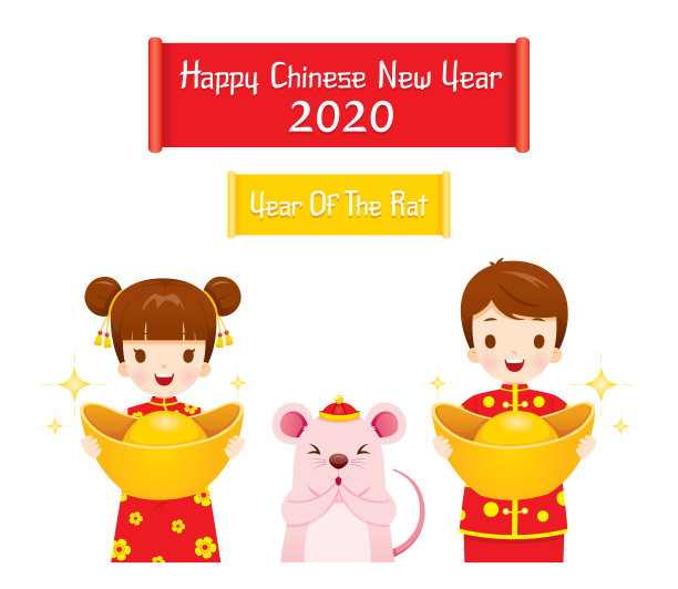 身着旗袍的男孩和女孩手拿金鼠迎接2020年的鼠年图片 身着旗袍的男孩和女孩手拿金鼠迎接2020年的鼠年图片下载