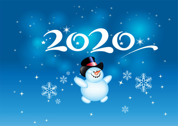2020年新年快乐。蓝色背景上的有趣雪人和字母2020。向量图片 2020年新年快乐。蓝色背景上的有趣雪人和字母2020。向量图片下载