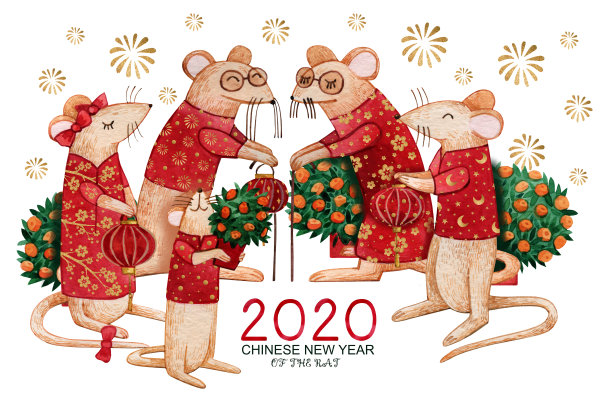 鼠族水彩画2020年春节贺卡。手绘的老鼠穿着红色的衣服,手里拿着灯笼。橘树和红色信封和烟花的背景图片 鼠族水彩画2020年春节贺卡。手绘的老鼠穿着红色的衣服,手里拿着灯笼。橘树和红色信封和烟花的背景图片下载