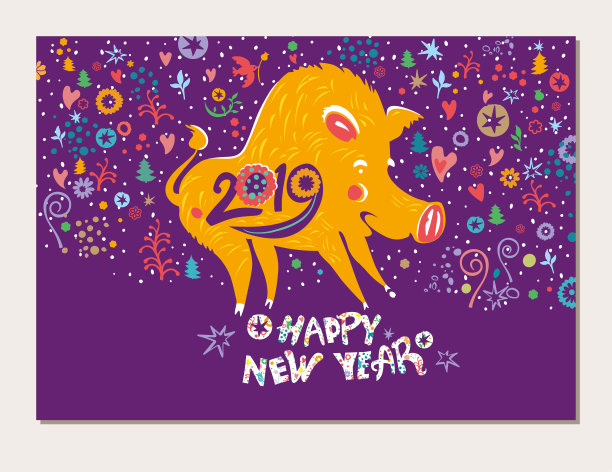 美丽的新年贺卡,上面有中国农历2019年的黄色卡通公猪。图片 美丽的新年贺卡,上面有中国农历2019年的黄色卡通公猪。图片下载