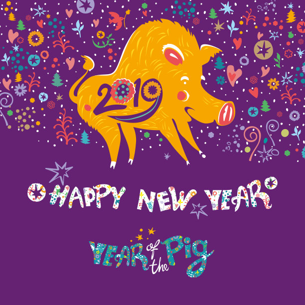 可爱的黄色猪在深紫色装饰富丽的背景。2019图片 可爱的黄色猪在深紫色装饰富丽的背景。2019图片下载