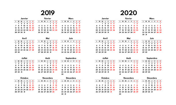 简单的2019 2020法国日历网格,周一开始,两个周末图片 简单的2019 2020法国日历网格,周一开始,两个周末图片下载