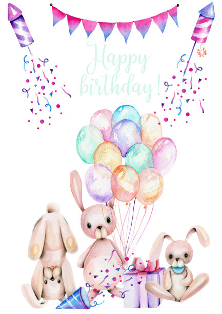 生日卡模板与水彩节日兔子,手绘插图图片 生日卡模板与水彩节日兔子,手绘插图图片下载