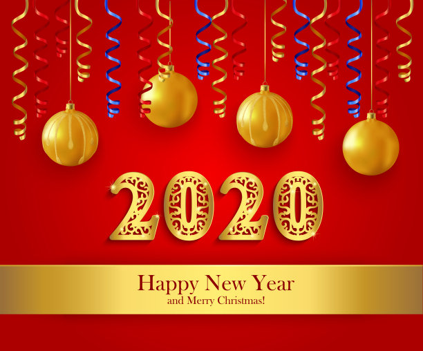 新年问候横幅与纸横幅,圣诞装饰品和2020年黄金日期图片 新年问候横幅与纸横幅,圣诞装饰品和2020年黄金日期图片下载