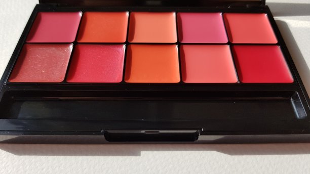 唇调色板化妆品的各种红色在白色的背景图片 唇调色板化妆品的各种红色在白色的背景图片下载