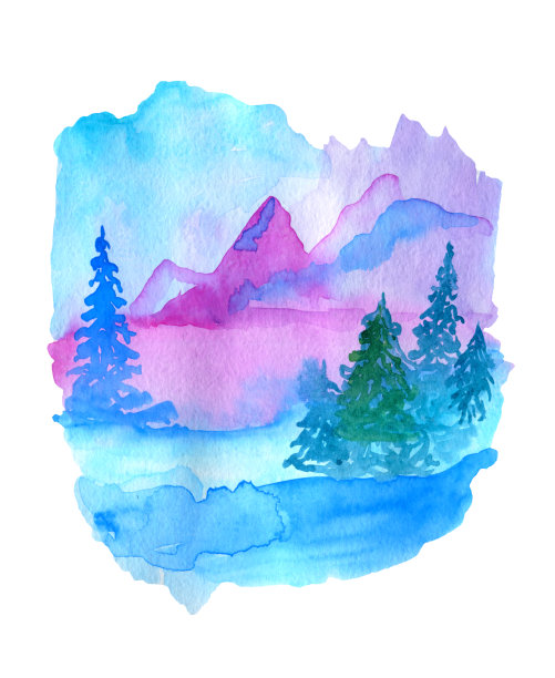 水彩抽象的蓝色和粉红色景观图片 水彩抽象的蓝色和粉红色景观图片下载