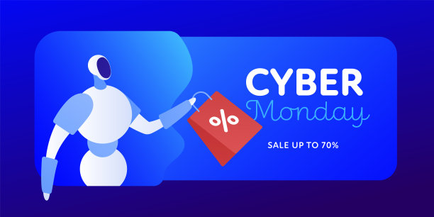 向量流体梯度网络星期一销售网页横顶横幅模板。文字和平板机器人与红色购物袋在蓝色波浪背景。广告、海报、卡片的设计元素。图片 向量流体梯度网络星期一销售网页横顶横幅模板。文字和平板机器人与红色购物袋在蓝色波浪背景。广告、海报、卡片的设计元素。图片下载