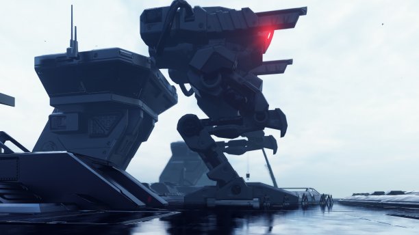 一个巨大的军事机器人在未来的军事训练场上。一种未来科技的末日观。三维渲染图片 一个巨大的军事机器人在未来的军事训练场上。一种未来科技的末日观。三维渲染图片下载