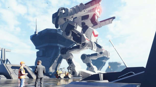 一个巨大的军事机器人在未来的军事训练场上。一种未来科技的末日观。三维渲染图片 一个巨大的军事机器人在未来的军事训练场上。一种未来科技的末日观。三维渲染图片下载