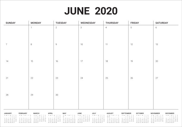 2020年6月台历矢量插图图片 2020年6月台历矢量插图图片下载