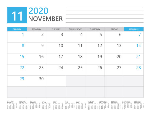 2020年11月的日历计划为模板公司设计周从周日开始。桌面日历2020设计,简洁简洁的设计,12个月一年的日历设置矢量布局图片 2020年11月的日历计划为模板公司设计周从周日开始。桌面日历2020设计,简洁简洁的设计,12个月一年的日历设置矢量布局图片下载