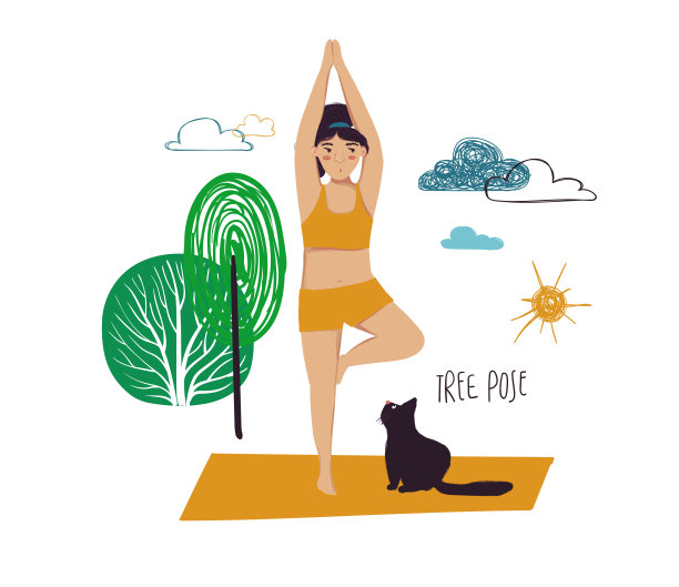 女孩做树瑜伽姿势和猫。图片 女孩做树瑜伽姿势和猫。图片下载