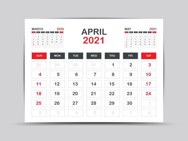 2021年日历模板。四月页矢量日历2021年模板。桌子、墙、台历设计。周一开始,最小的日记计划设计。印刷,广告,红色背景图片 2021年日历模板。四月页矢量日历2021年模板。桌子、墙、台历设计。周一开始,最小的日记计划设计。印刷,广告,红色背景图片下载