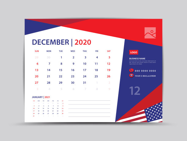 桌面日历2020模板,1月页面矢量日历2020模板,星期从星期一开始,可以使用地点的照片和公司标志。美国国旗背景概念。图片 桌面日历2020模板,1月页面矢量日历2020模板,星期从星期一开始,可以使用地点的照片和公司标志。美国国旗背景概念。图片下载