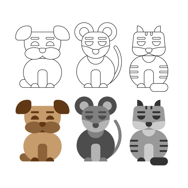 肉欲的向量集。宠物。狗,老鼠,猫。几何形状,因袭。轮廓和彩色图像。为儿童设计的标志或徽章图片 肉欲的向量集。宠物。狗,老鼠,猫。几何形状,因袭。轮廓和彩色图像。为儿童设计的标志或徽章图片下载