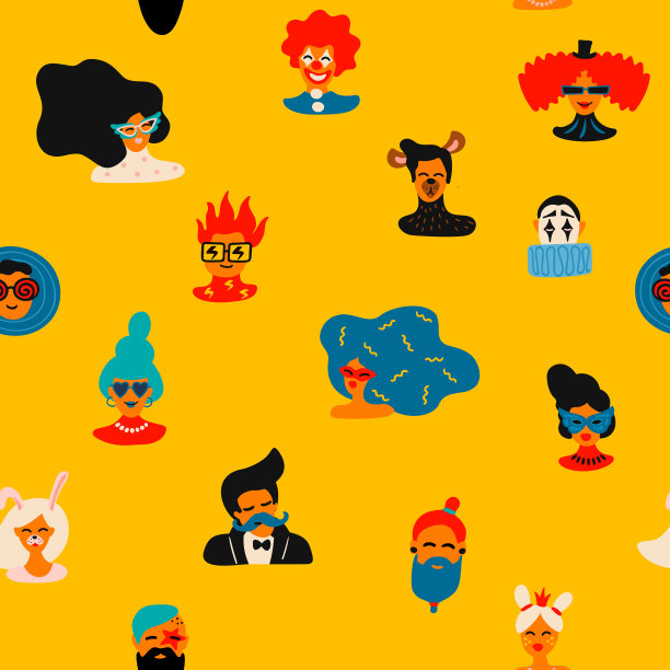 矢量无缝模式与有趣的男性和女性的面孔在明亮的面具和服装图片 矢量无缝模式与有趣的男性和女性的面孔在明亮的面具和服装图片下载