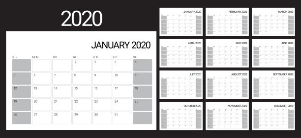 2020年台历矢量插图图片 2020年台历矢量插图图片下载