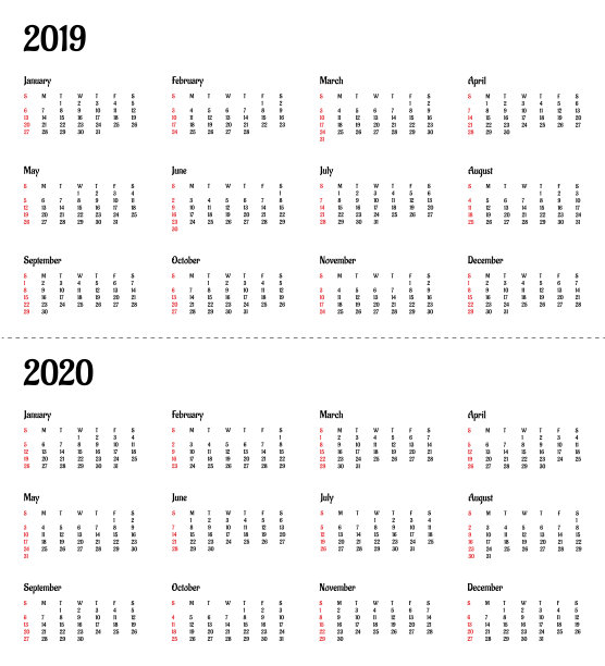 2019年2020年公历年-矢量插图。一周从星期天开始。美国标准图片 2019年2020年公历年-矢量插图。一周从星期天开始。美国标准图片下载