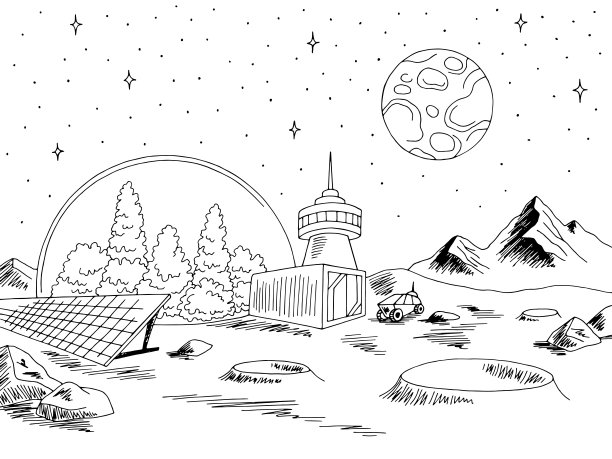 殖民地行星图形黑白空间景观草图插图矢量图片 殖民地行星图形黑白空间景观草图插图矢量图片下载