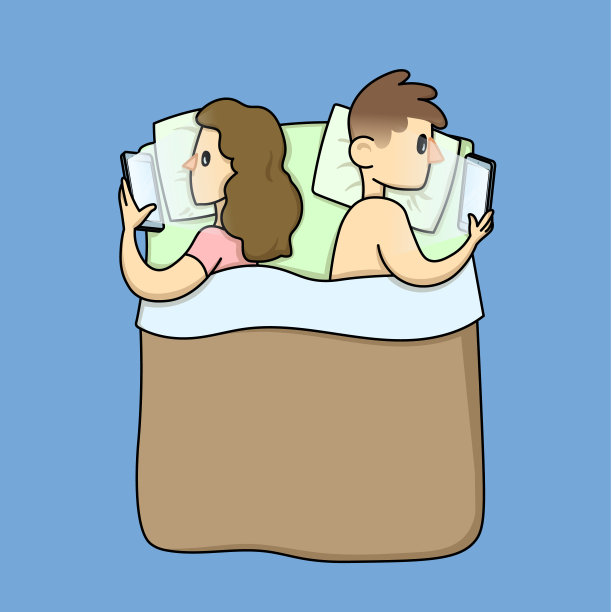 一对年轻夫妇,一男一女躺在床上浏览他们的智能手机。电子产品上瘾,社交媒体依赖概念。平面矢量插图,孤立。图片 一对年轻夫妇,一男一女躺在床上浏览他们的智能手机。电子产品上瘾,社交媒体依赖概念。平面矢量插图,孤立。图片下载