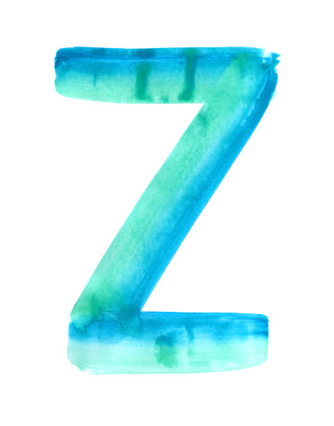 蓝色和绿色水彩手绘字母Z在白色的背景。标志英文字母的渐变符号。图片 蓝色和绿色水彩手绘字母Z在白色的背景。标志英文字母的渐变符号。图片下载