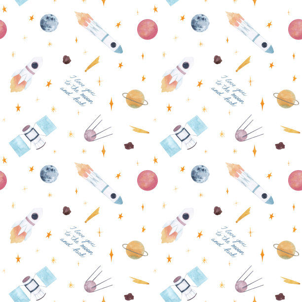 水彩无缝图案与宇宙飞船,星星,行星,宇航员和“我爱你到月球和背面”手写字母孤立在白色背景上图片 水彩无缝图案与宇宙飞船,星星,行星,宇航员和“我爱你到月球和背面”手写字母孤立在白色背景上图片下载