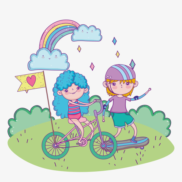 儿童节快乐,可爱的男孩和女孩在公园里骑自行车和滑板图片 儿童节快乐,可爱的男孩和女孩在公园里骑自行车和滑板图片下载