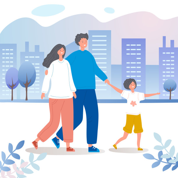 幸福家庭漫步城市矢量插图图片 幸福家庭漫步城市矢量插图图片下载