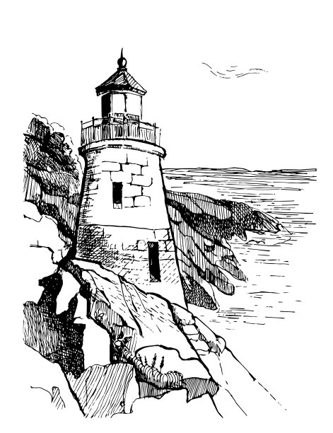 有灯塔的海景。海上手绘素描插图。儿童房的海报。海上礁石上的灯塔。猫头鹰头灯在波特兰。图片 有灯塔的海景。海上手绘素描插图。儿童房的海报。海上礁石上的灯塔。猫头鹰头灯在波特兰。图片下载