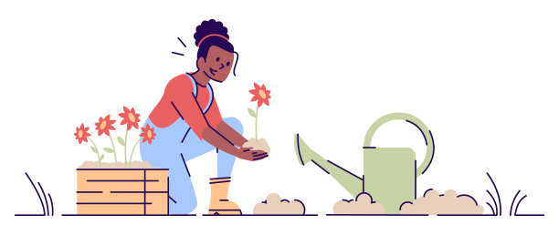 女孩园艺平面矢量插图。非洲裔美国妇女种植花卉与浇水罐卡通人物。女性农民培养。植物苗圃作品孤立概念与轮廓图片 女孩园艺平面矢量插图。非洲裔美国妇女种植花卉与浇水罐卡通人物。女性农民培养。植物苗圃作品孤立概念与轮廓图片下载
