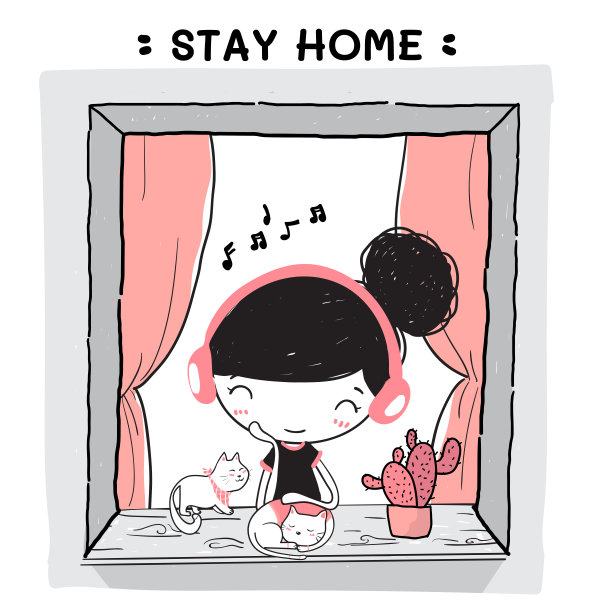 可爱的涂鸦可爱的女孩享受音乐耳机上的寡妇和猫在家里图片 可爱的涂鸦可爱的女孩享受音乐耳机上的寡妇和猫在家里图片下载