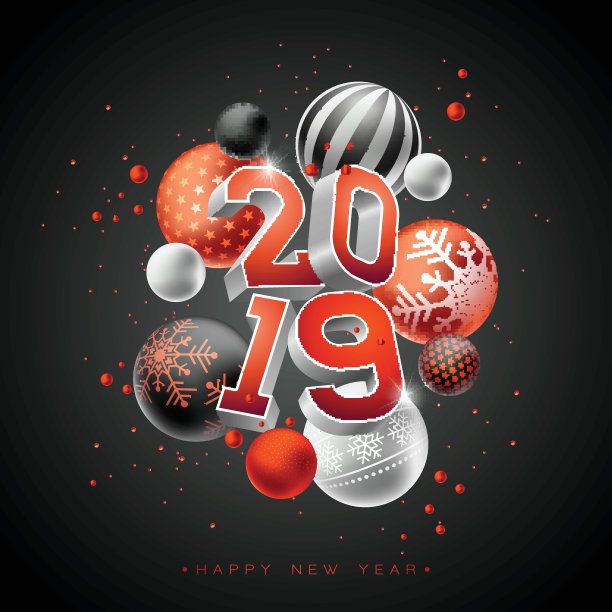 2019年新年快乐插图与3d印刷字母和圣诞球在黑色的背景。假日设计传单,贺卡,横幅,庆祝海报,派对邀请或日历。图片 2019年新年快乐插图与3d印刷字母和圣诞球在黑色的背景。假日设计传单,贺卡,横幅,庆祝海报,派对邀请或日历。图片下载