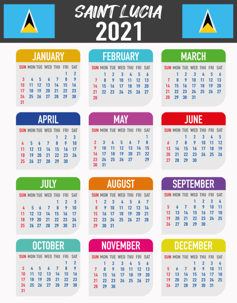 带有国旗的圣卢西亚日历。月、日、周。色彩缤纷的调色板,时尚简约的平面设计。矢量插图背景为网络,桌面,商业,提醒,计划,排版图片 带有国旗的圣卢西亚日历。月、日、周。色彩缤纷的调色板,时尚简约的平面设计。矢量插图背景为网络,桌面,商业,提醒,计划,排版图片下载