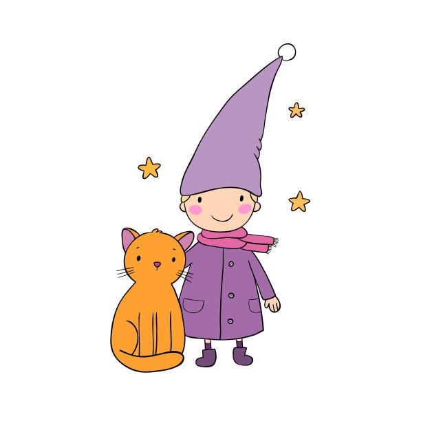 一个可爱的小矮人,一只小猫和星星有趣图片 一个可爱的小矮人,一只小猫和星星有趣图片下载