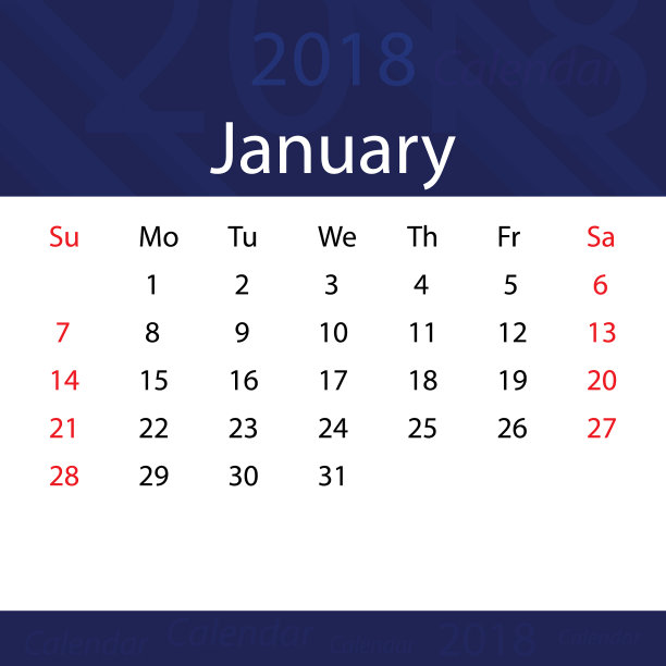 2018年1月日历流行蓝色溢价图片 2018年1月日历流行蓝色溢价图片下载